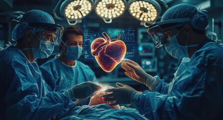 Team of surgeons performing a complex heart surgery with advanced technology in an operating room