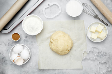 Ingredients for autumn baking. Ball of dough on the table