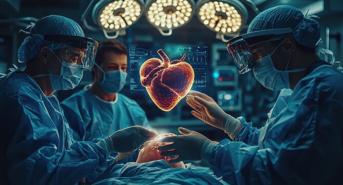 Team of surgeons performing a complex heart surgery with advanced technology in an operating room