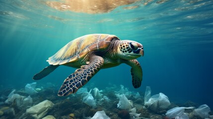 Fototapeta premium Tropical turtle and plastic bag in ocean underwater space. Neural network ai generated art