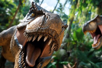 Obraz premium A mighty T-Rex battling a rival in an epic Jurassic Day showdown, their roars echoing through the surrounding jungle