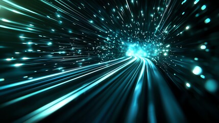 Obraz premium A futuristic scene depicting light trails rushing towards a glowing point, symbolizing speed and innovation.