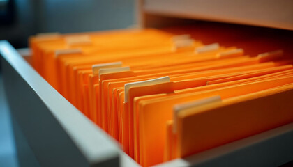 Open drawer with neatly organized orange file folders, highlighting efficiency and structure.