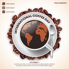 International Coffee Day background with a cup of coffee and coffee beans