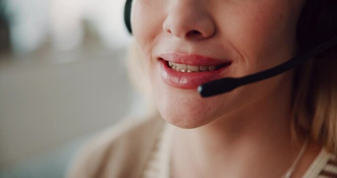 Woman, mouth and talking with microphone as online English teacher on language lesson. Female person, tutor and distance learning as employee for elearning on video call and virtual class in closeup