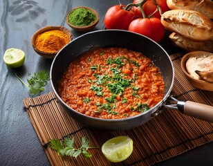 menemen in a frying pan and ingredients on the table