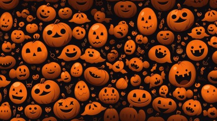 Fototapeta premium A vibrant Halloween-themed pattern featuring various smiling and spooky pumpkins against a dark background.