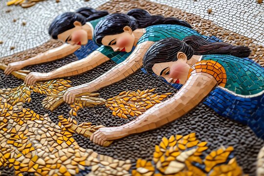 A mosaic of Soviet women harvesting crops, symbolizing the importance of agricultural work in the socialist state