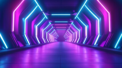 A futuristic tunnel illuminated by pink and blue neon lights.