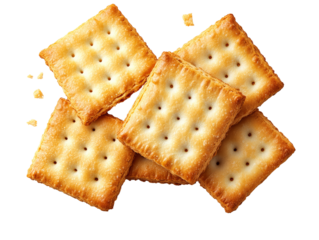 Top view of crispy golden brown square crackers neatly arranged against a white background, perfect for snack advertisements and culinary designs.