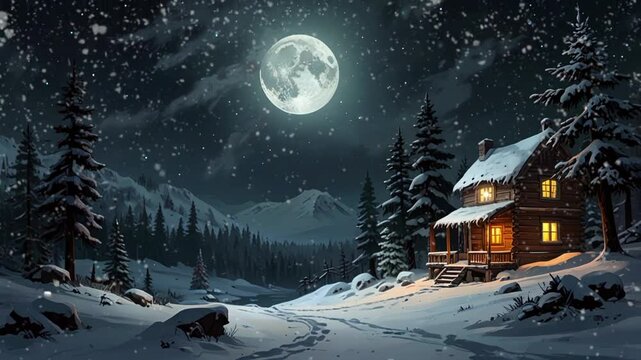 snowfall in the forest at night full moon, winter. seamless looping 4k video background animation