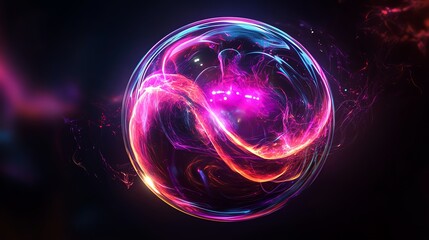 Abstract sphere with blue and pink neon lights.