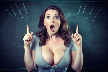 Obraz premium Excited happy women surprised gesture pointing finger up getting new idea