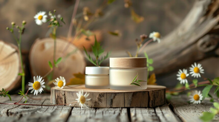 Skincare jars with wooden lids in rustic nature setting