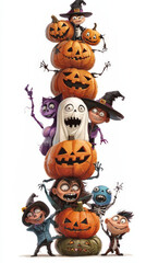 Obraz premium A whimsical stack of pumpkins, ghosts, and Halloween creatures in a fun, cartoonish style, perfect for a festive Halloween theme. 