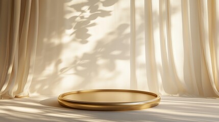 A golden circular podium in a minimalist setting with sunlight streaming through sheer curtains. Gentle leaf shadows create movement against the smooth beige backdrop.