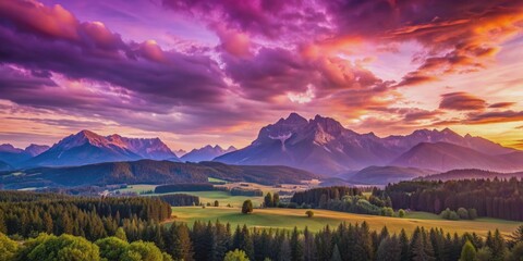 Obraz premium Beautiful landscape with purple sky and mountains in the background, scenic, nature, beauty, sunset, picturesque, evening