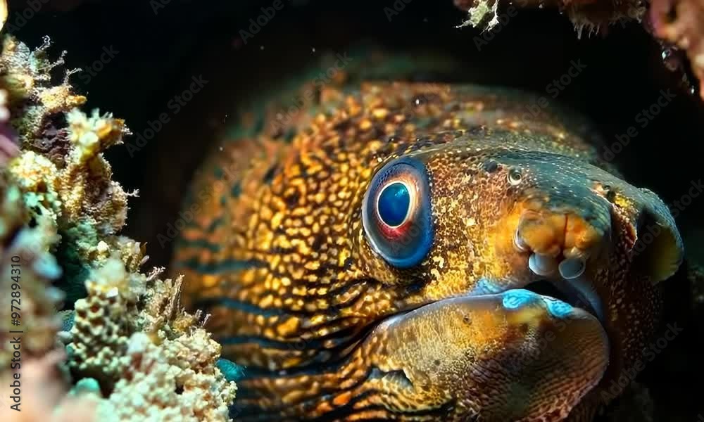 Wall mural Moray eel peeking out from crevice, Video