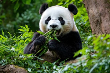 A panda munching on bamboo, sitting comfortably in a patch of greenery, its black-and-white fur striking against the leaves