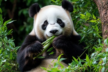 Fototapeta premium A panda munching on bamboo, sitting comfortably in a patch of greenery, its black-and-white fur striking against the leaves
