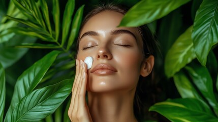 A serene beauty scene with a woman applying skincare in a lush, tropical environment filled with vibrant green leaves.