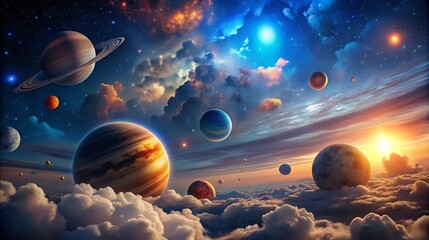 Cosmic beauty planets and celestial bodies float above clouds under a colorful galaxy-scape showing the wonders of outer space and the mysteries of the universe