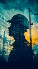 An engineer wearing a helmet standing in front of a construction site with a double exposure effect, in a silhouette collage style