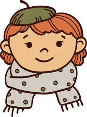 Linear vector illustration of a girl in a beret and scarf, icon, symbol. Autumn illustration