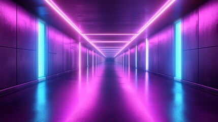 A futuristic, brightly lit corridor with pink and blue neon lights.