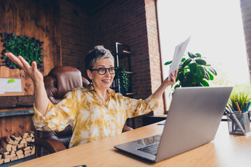 Photo of happy attractive retired lady sitting armchair talking modern device loft interior indoors...