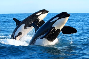 A pod of orcas breaching the ocean's surface, communicating with each other through clicks and whistles as they hunt together