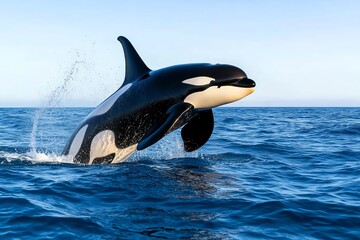Naklejka premium A pod of orcas breaching the ocean's surface, communicating with each other through clicks and whistles as they hunt together