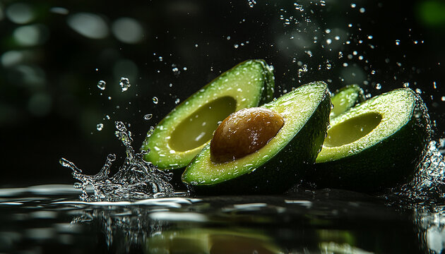 healthy avocado in water with dark background generated by AI - Powered by Adobe