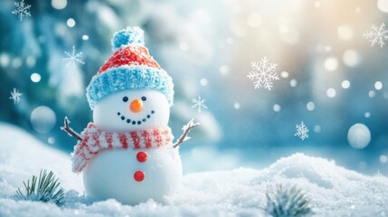 Fototapeta premium Winter scenery with a snowman and gentle snowflakes, creating a cozy and festive