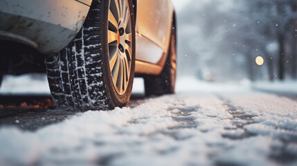 Winter tire. Detail of car tires in winter on the road covered with snow. Neural network ai generated art