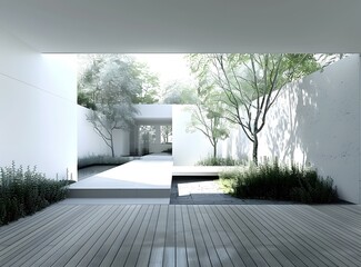 Minimalist Modern Courtyard Design With White Walls and Green Plants