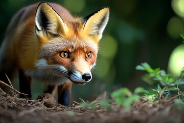 A red fox cautiously stalking its prey, moving silently through the underbrush of a forest as it hunts for food