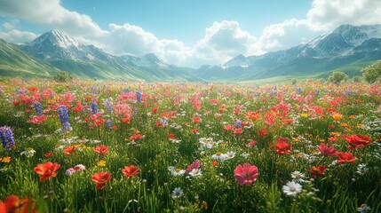A vibrant meadow filled with colorful flowers and majestic mountains.