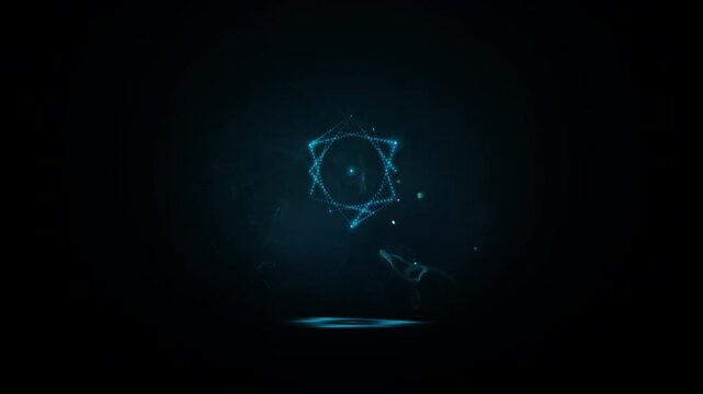 Metatron's glowing neon cube made up of many small blue flashing dots, bulbs, rotating in smoke and flying dust in the dark. Sacred geometry. 4k 3d looped animation.