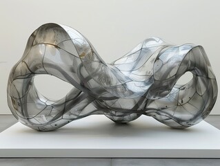 Abstract silver sculpture with flowing lines and an infinity shape, standing on a white pedestal.