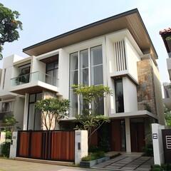 Fototapeta premium Modern White House with Large Windows and Wooden Fence