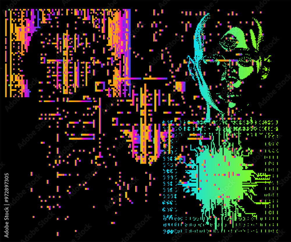 Poster Glitchy and distorted abstract human faces appearing out of pixel noise. A conceptual illustration on artificial intelligence and its emergent nature with the humankind.