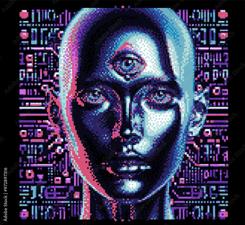 Poster The pixelated image of a bald android woman with an open third eye in the digital or technological aesthetic of 1980s and 1990s video games.