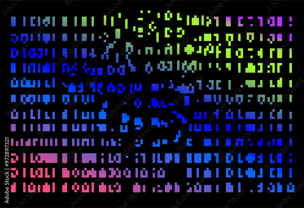 Poster Abstract digital art piece that resembles a computer screen with a chaotic arrangement of colored squares of pink, purple, blue and green, with some white squares that look like numbers and symbols.