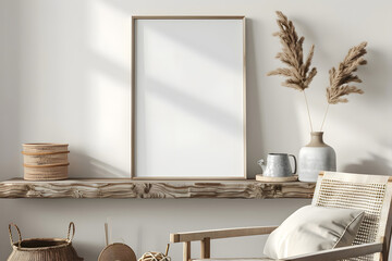 Minimalistic composition of sitting room interior with white mock up frame, wooden shelf, retro chair, rattan basket and elegant accessories. Generative Ai.