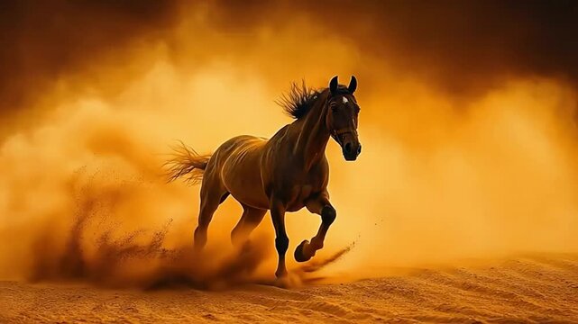 Dynamic of a horse in full gallop, kicking up clouds of dust as it charges forward. 