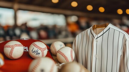 A baseball memorabilia booth with vintage jerseys and signed balls, memorabilia booth, jerseys, signed balls