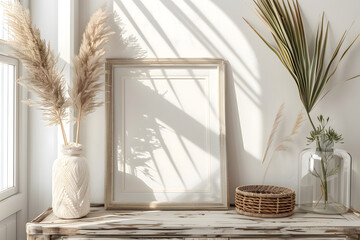 Mock up frame close up in home interior background, Boho style, 3d render. Generative Ai.