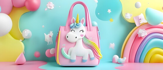 Obraz premium A whimsical unicorn handbag with vibrant colors, perfect for kids and playful fashion lovers, set against a cheerful pastel backdrop.