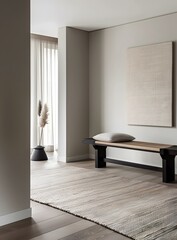 Fototapeta premium Minimalist Interior Design With Wooden Bench and Rug